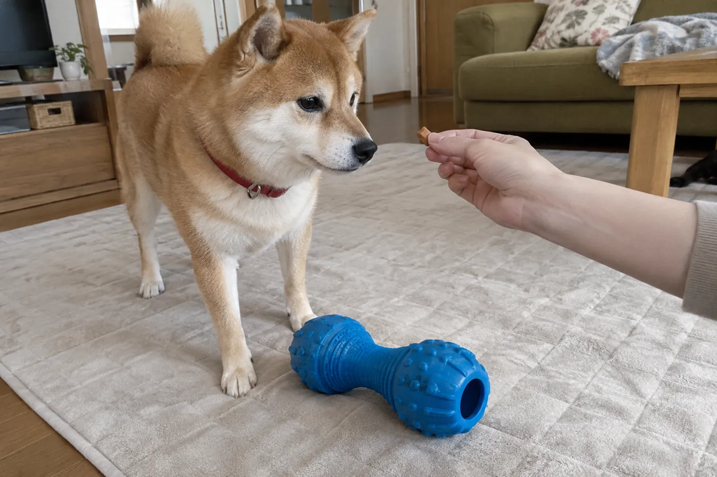 安全なおもちゃを口から離し、飼い主のごほうびを待つ柴犬