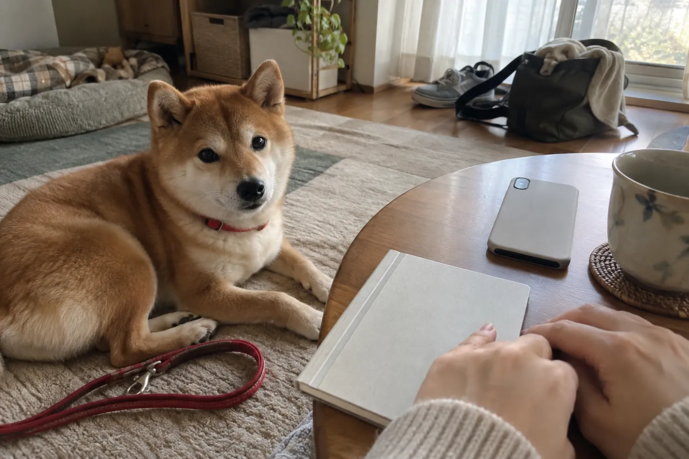 犬がそばで休む室内で、連絡用のスマートフォンとノートを準備する手元