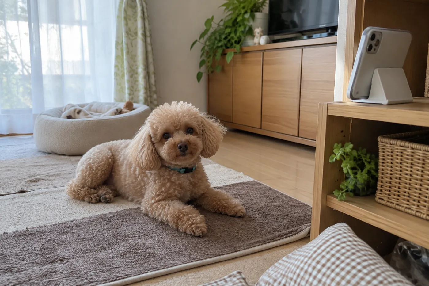 棚に固定したスマートフォンと、足元のマットにいる茶色の犬