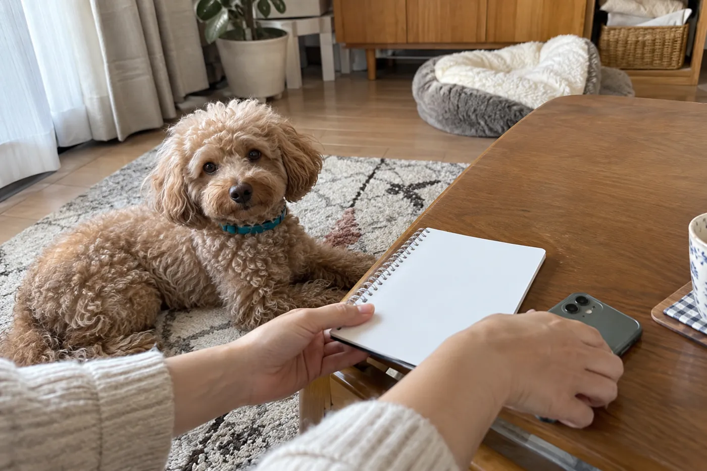 茶色の犬のそばで、ノートとスマートフォンを用意する飼い主の手元