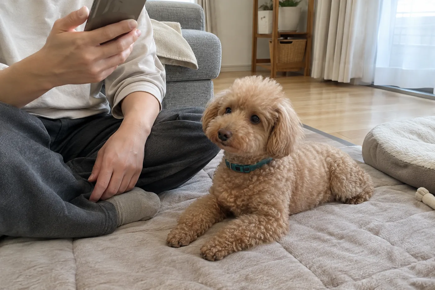 床のマットで休む茶色の犬と、そばで電話を持つ飼い主の手元