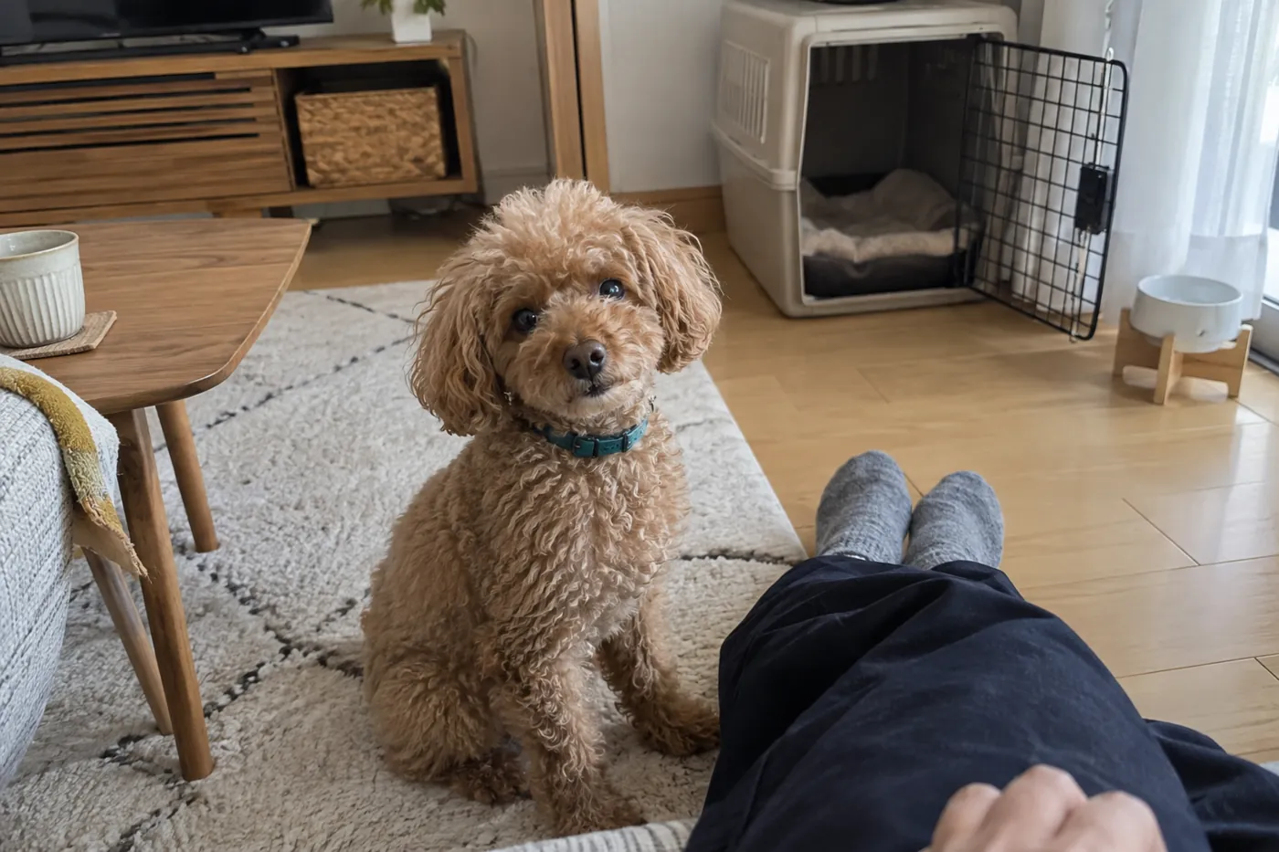 リビングで飼い主の足元に座る茶色の犬と、開いたクレート