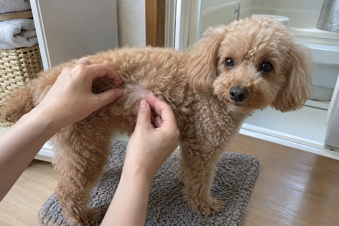 洗う前に飼い主が犬の被毛を分けて皮膚を確認している様子