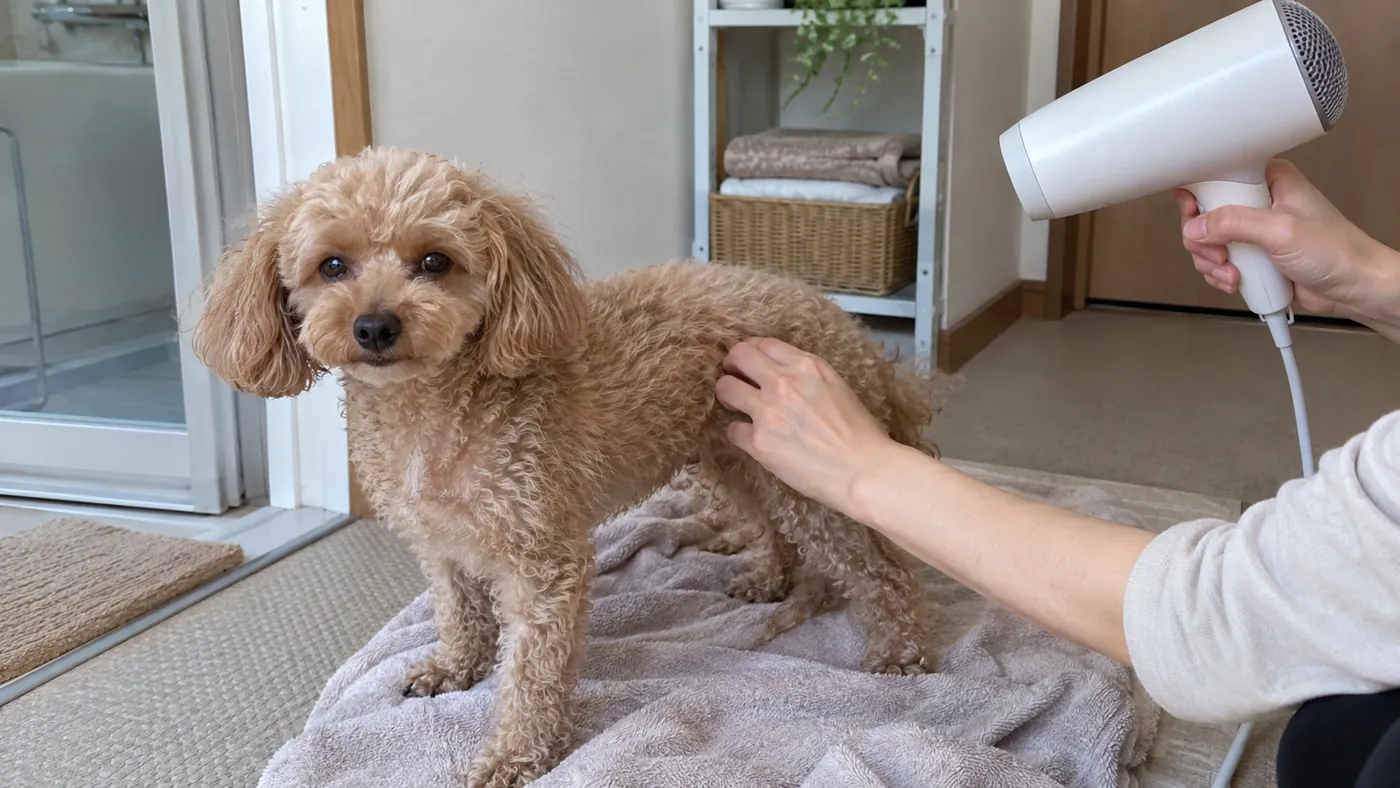 タオルの上の犬を低温のドライヤーで乾かしながら手で毛の根元を確認する様子