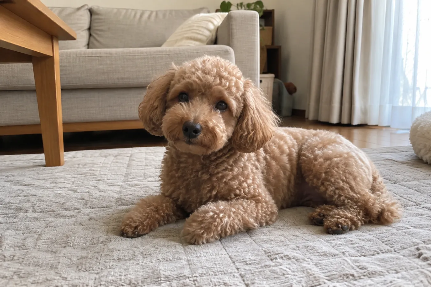 お手入れの後に乾いたマットの上で落ち着いて休む犬
