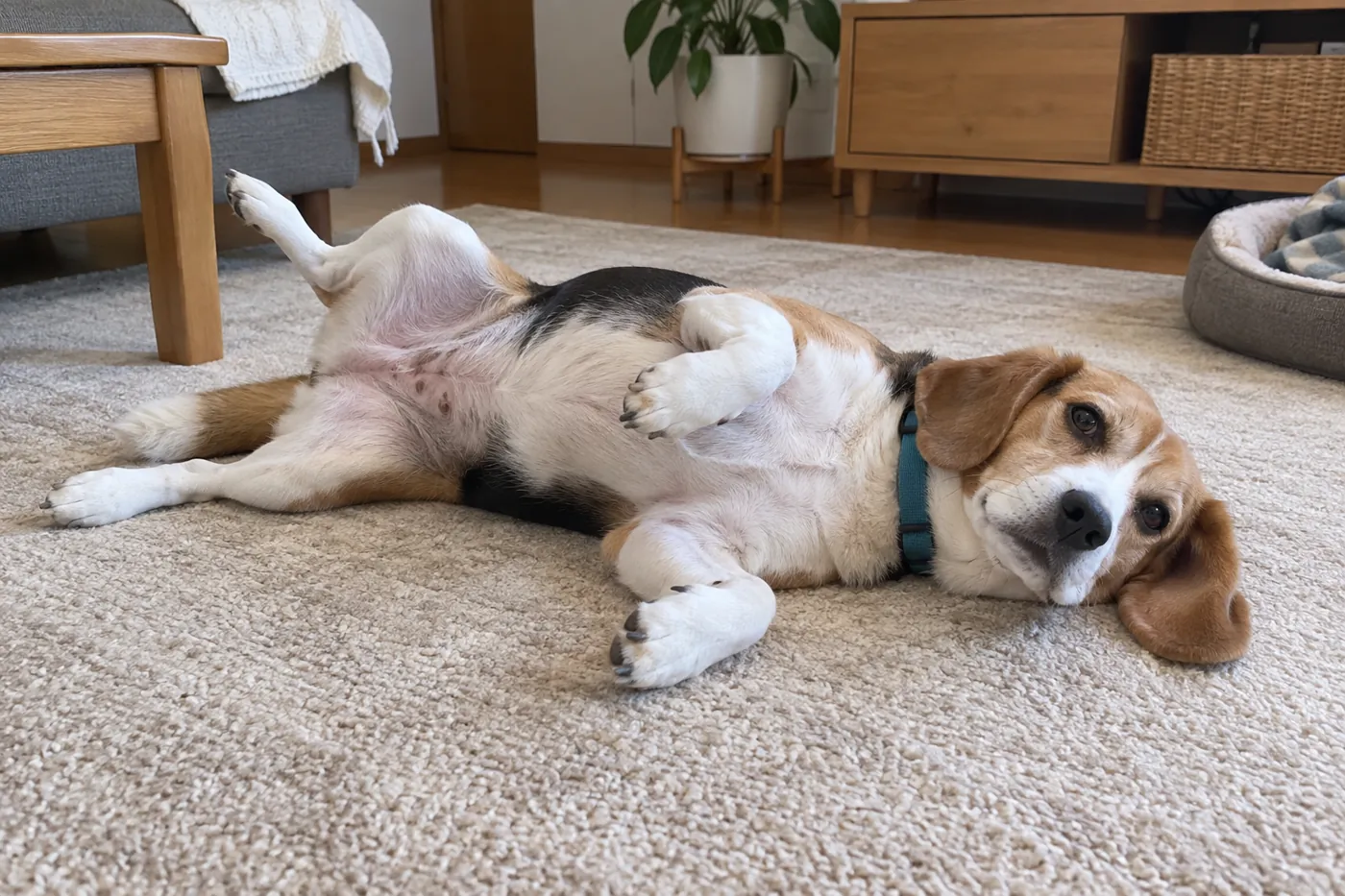 ラグの上で横向きから仰向けになり、お腹を見せている犬