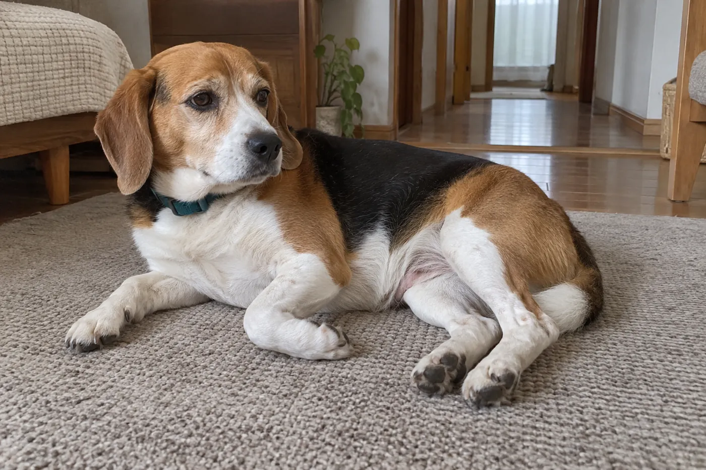 横たわる犬の目、耳、口元、脚、しっぽが見える全身の様子