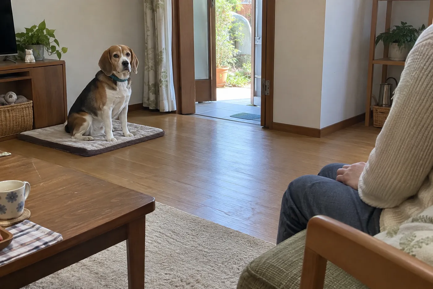 犬が自分のマットにいる間、離れた場所で手を膝に置いて待つ大人の後ろ姿