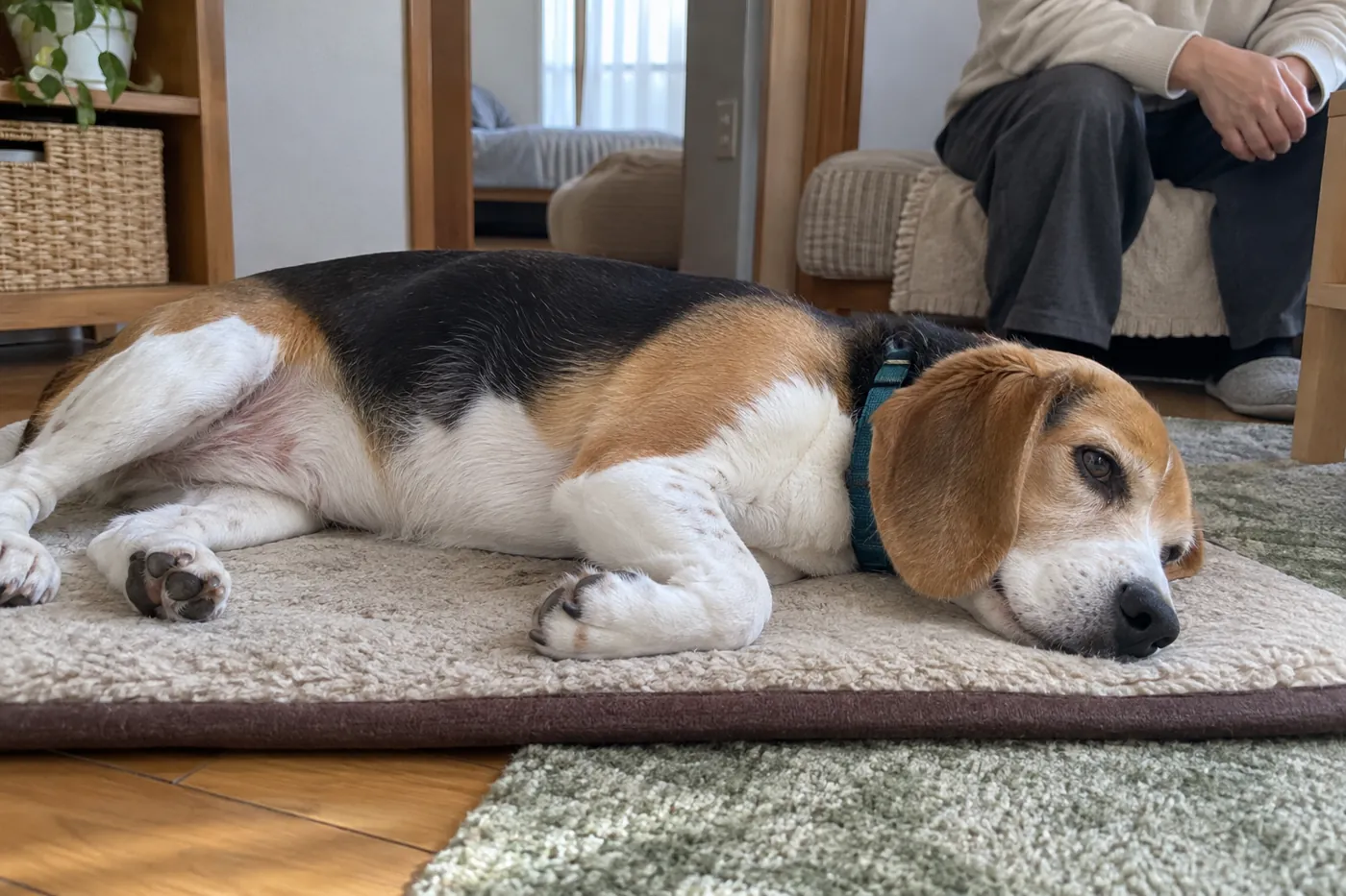 マットで休む犬を、少し離れた場所から静かに見守る飼い主