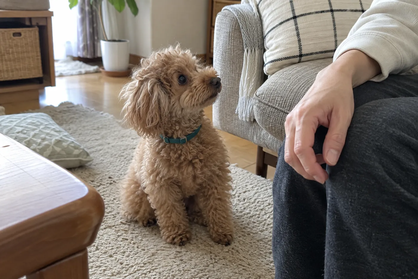 静かなリビングで飼い主の近くに座り、手元を見ている犬