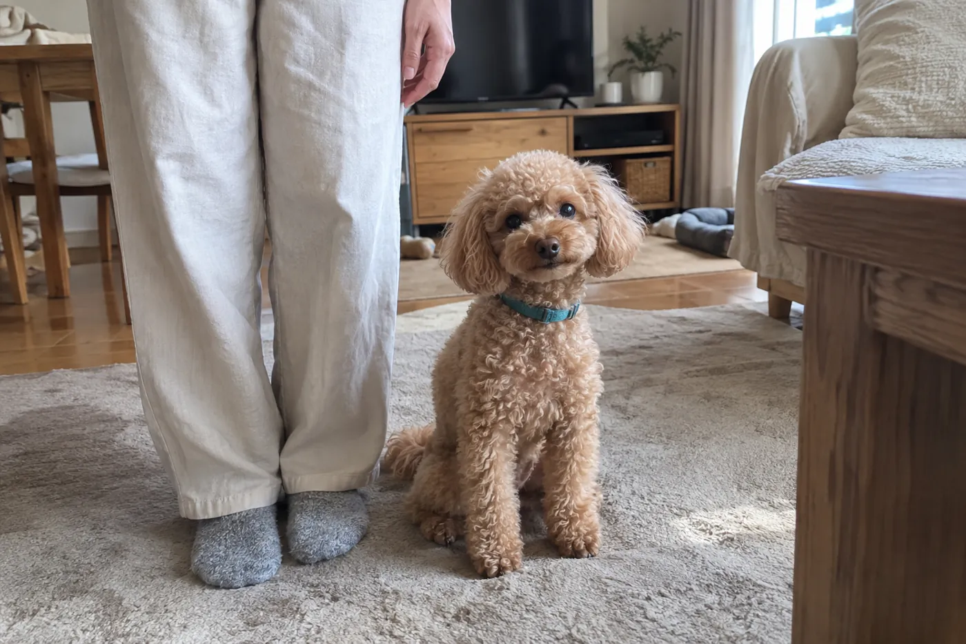 飼い主がそばに立つ室内で、落ち着いて座っている犬