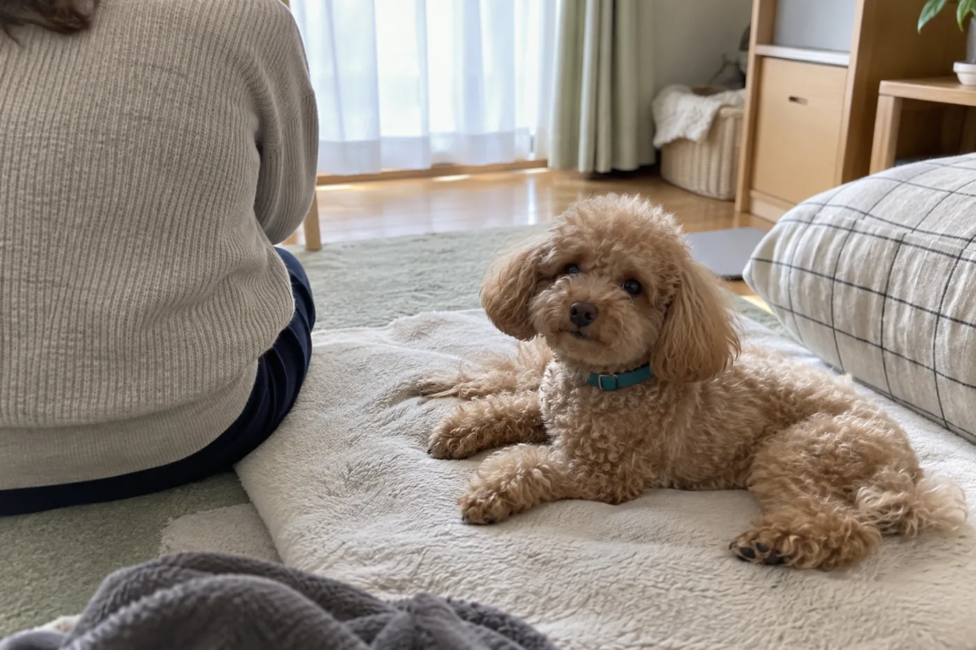 静かな部屋のマットで休み、飼い主に見守られている犬