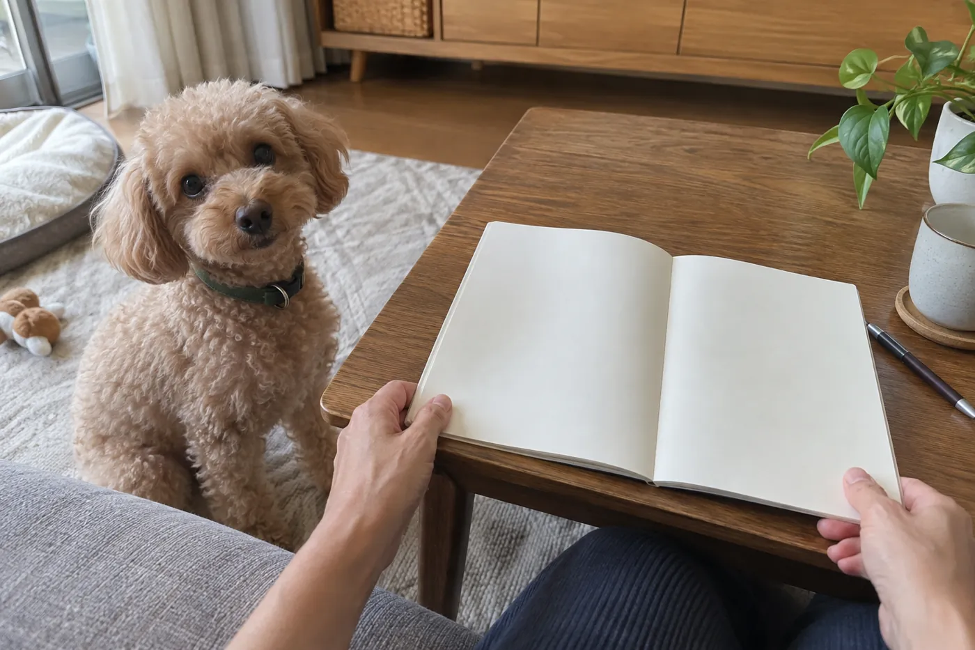 愛犬のそばで相談用のノートを準備する飼い主の手元