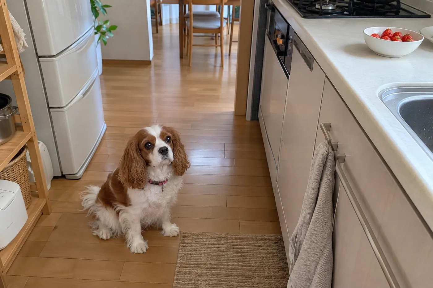 いちごを置いた台所の前で静かに待つ犬