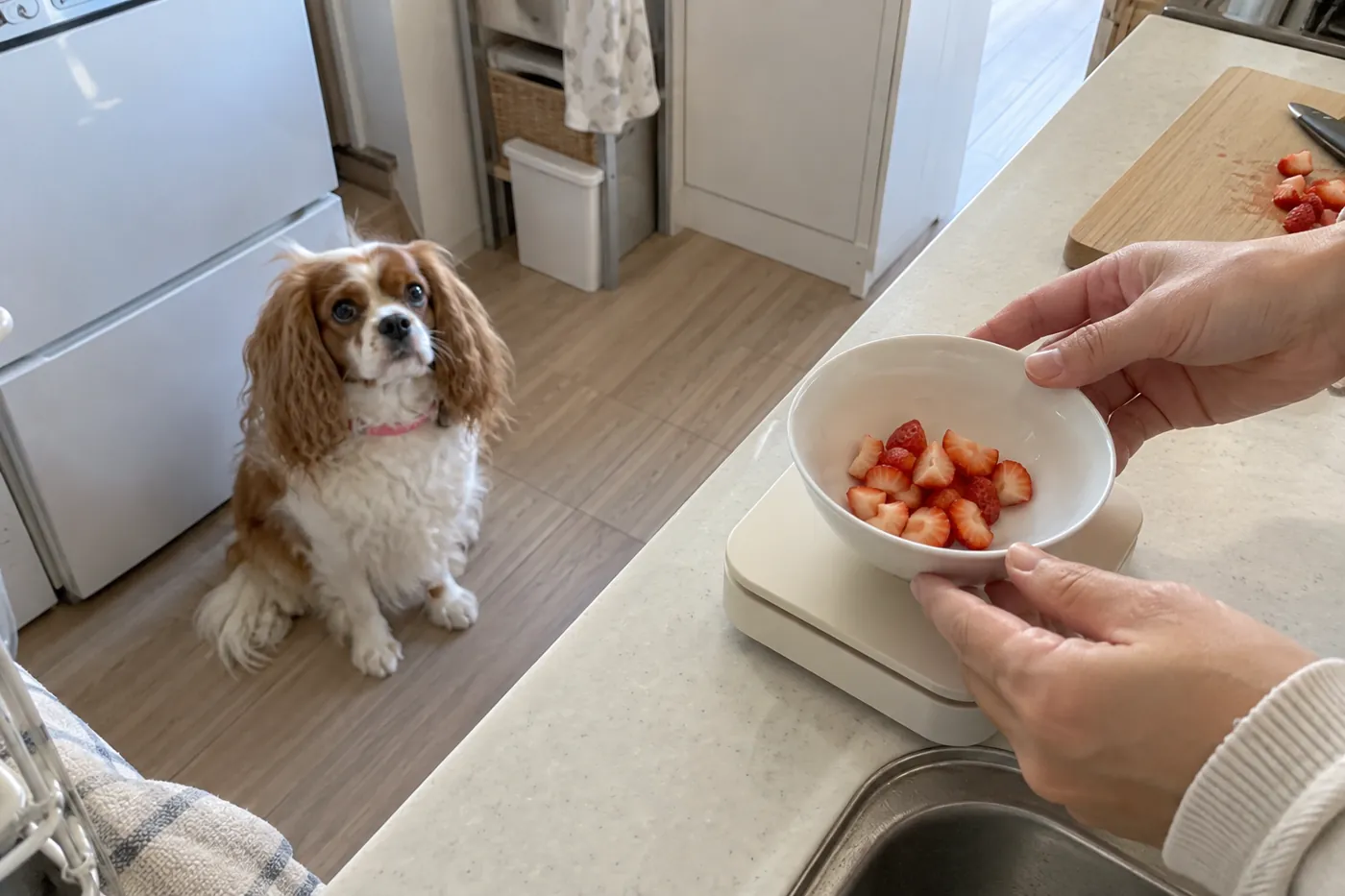 犬の届かない調理台でいちごの果肉を量る様子