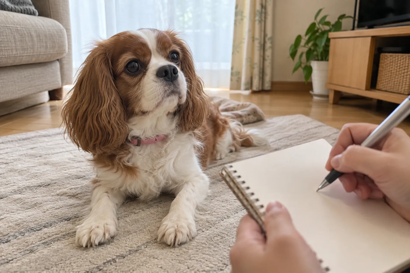 室内でくつろぐ犬を見守り食べた物を記録する飼い主の手元