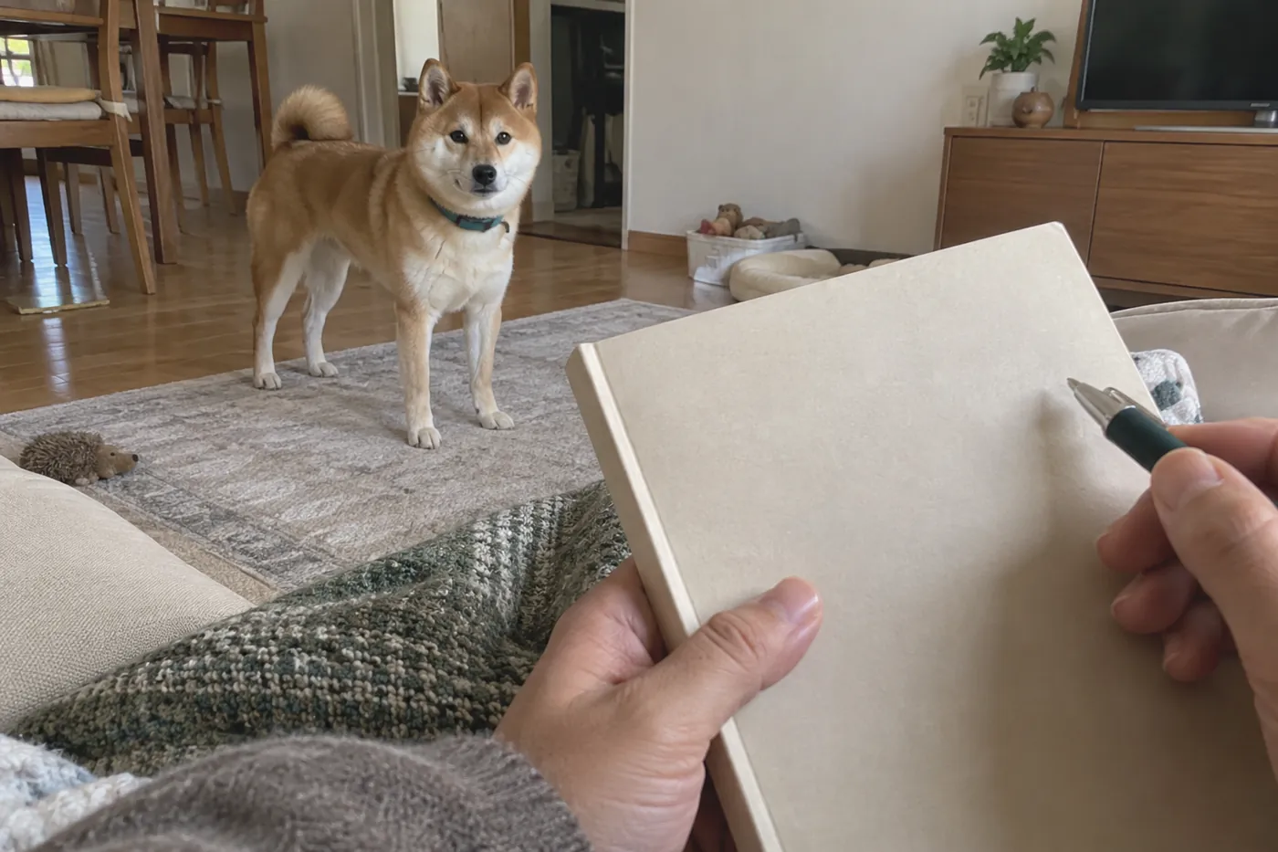犬から離れた場所でノートに観察内容を記録する飼い主の手元
