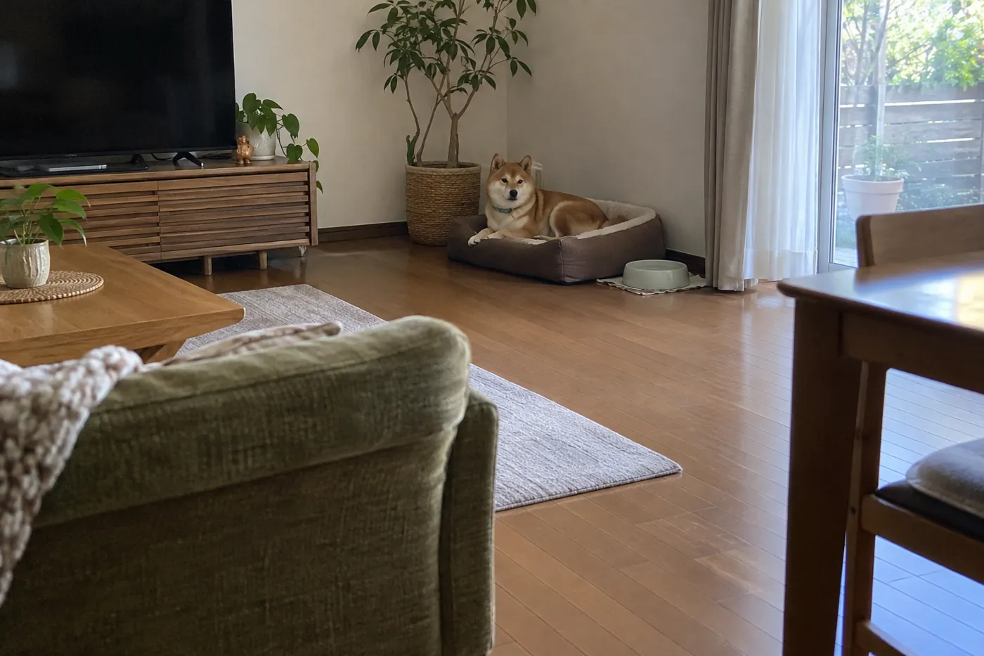 静かな室内のベッドで休み、周囲に十分な空間がある柴犬
