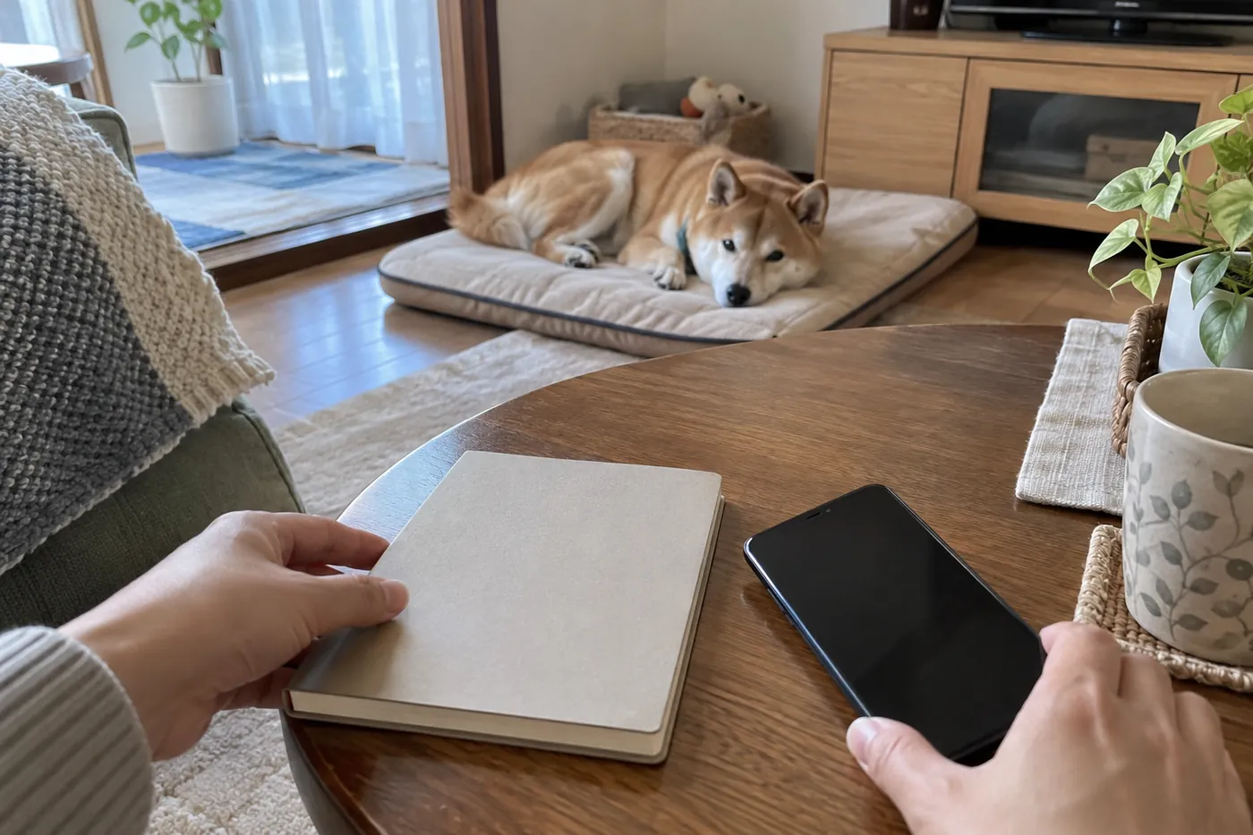 休む柴犬のそばで、相談用のノートとスマートフォンをそろえる手元