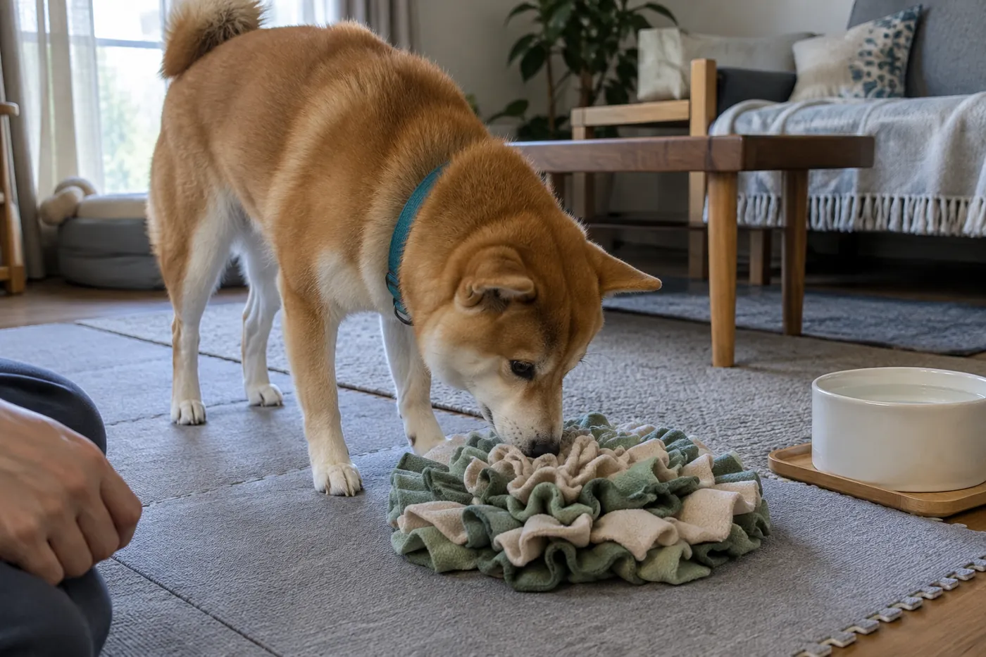 涼しい室内でにおい探し用のおもちゃを楽しむ柴犬