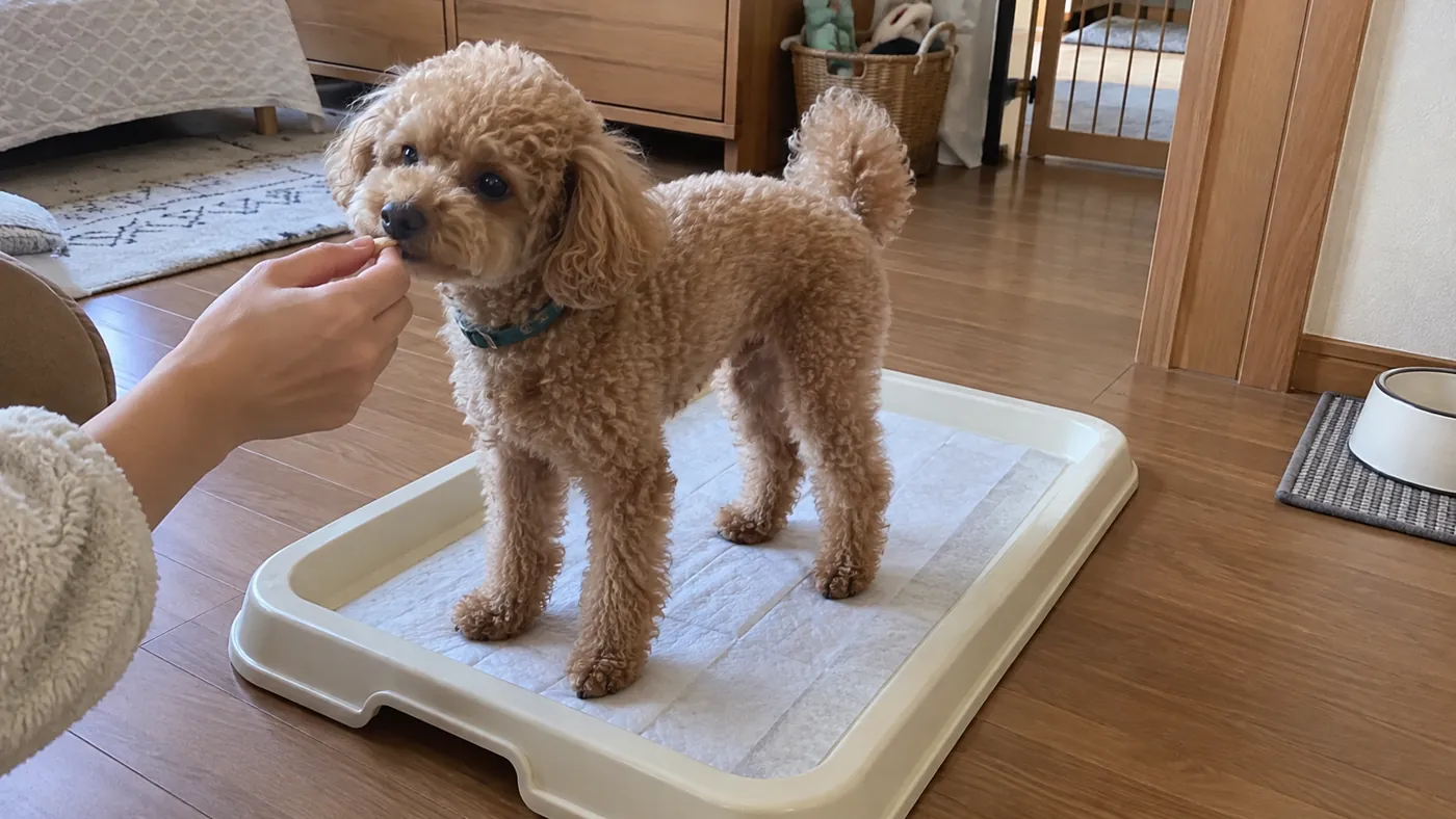 トイレトレーの上で飼い主の手から小さなごほうびを受け取る犬