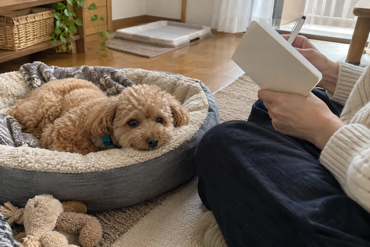 くつろぐ犬のそばで飼い主が記録用のノートを持つ手元
