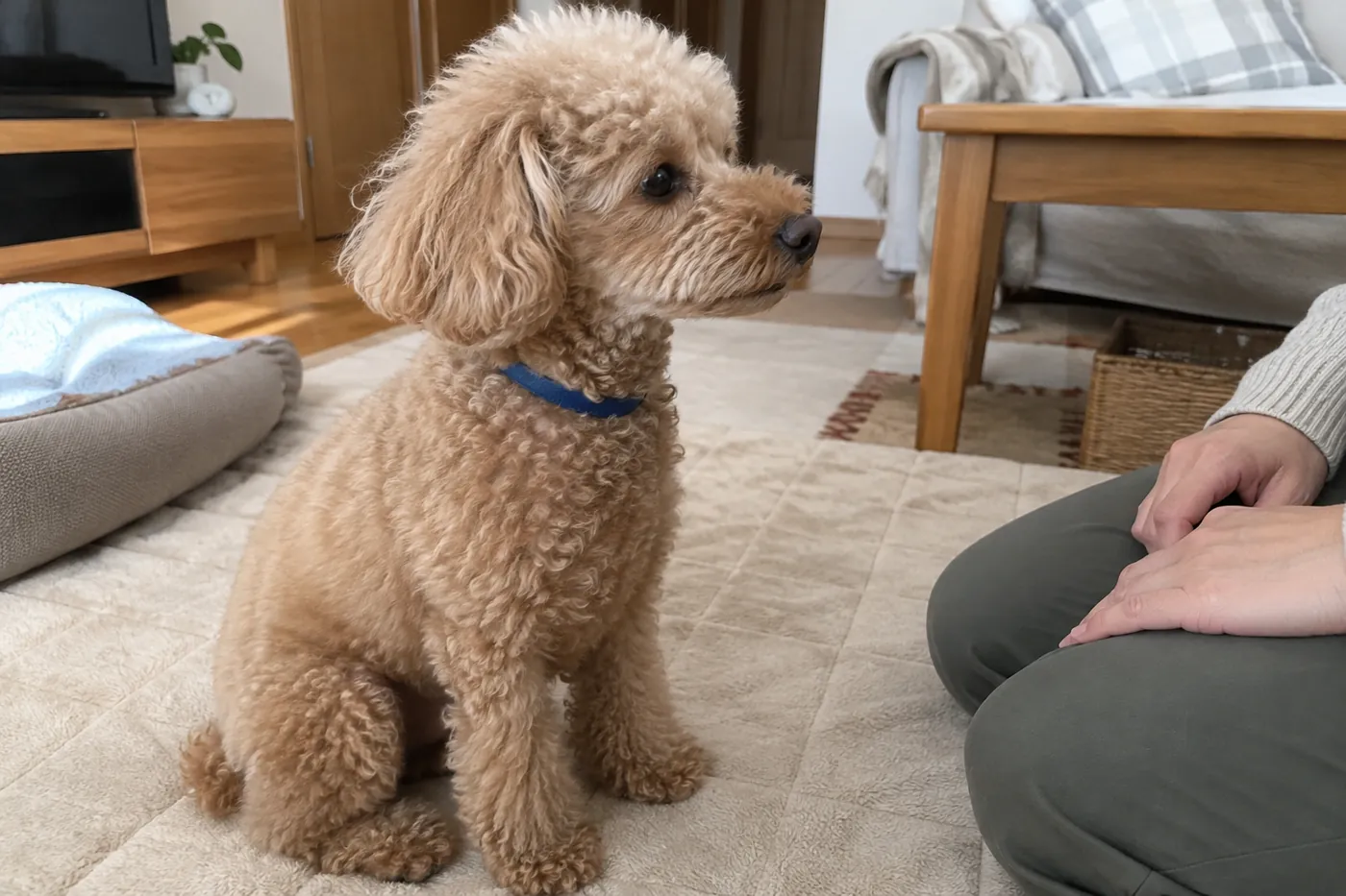 飼い主の横で落ち着いて座る犬の口元を、触れずに見ている様子