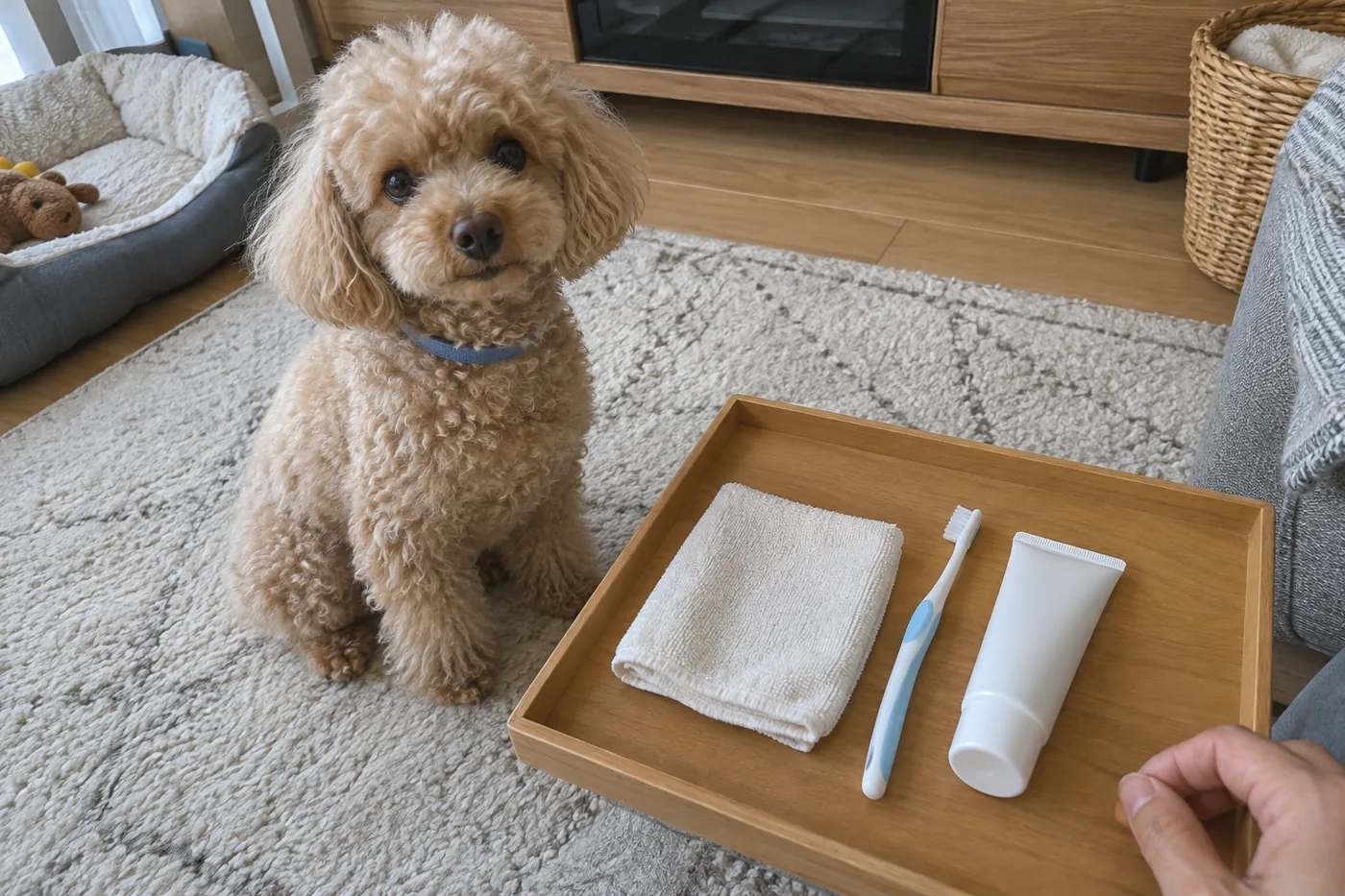青い首輪の犬のそばに、歯ブラシと無地のケア用品を用意した様子