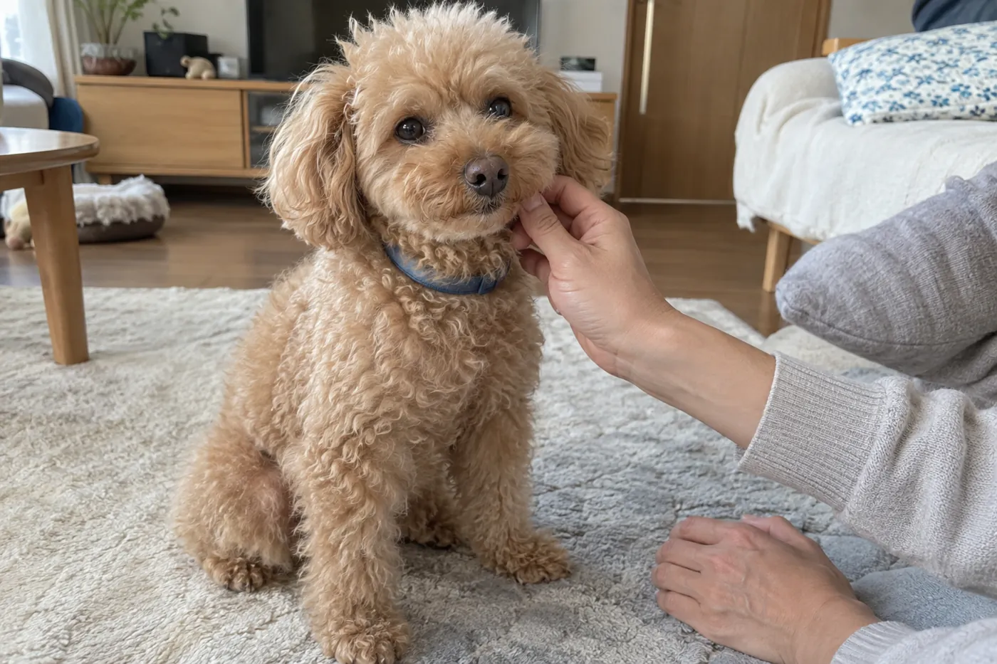 犬の頬に飼い主の指先が軽く触れている様子