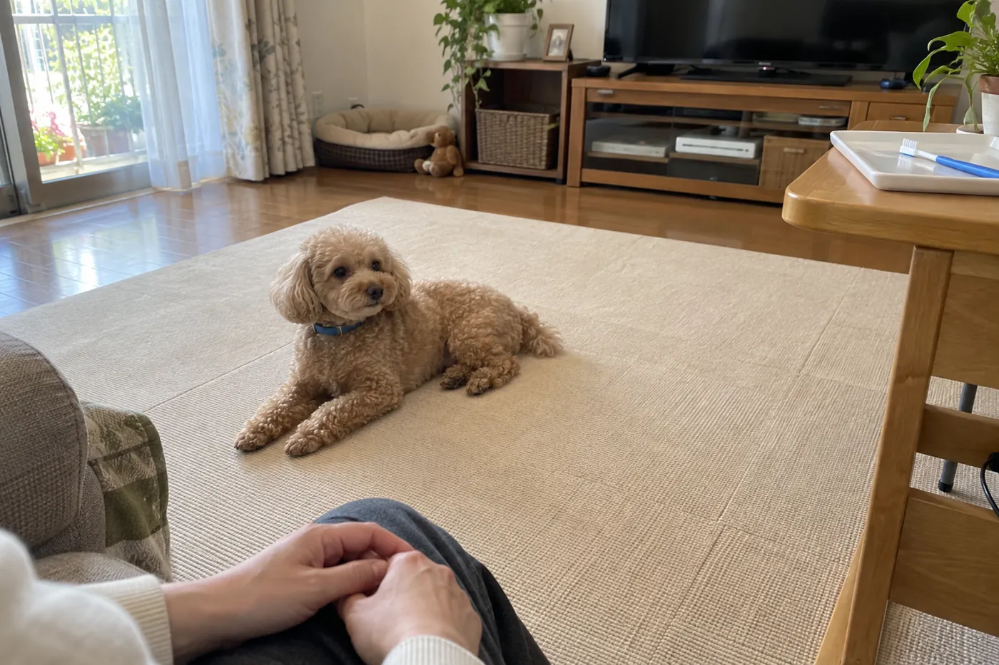 飼い主が手を引き、犬がマットの上で休んでいる様子