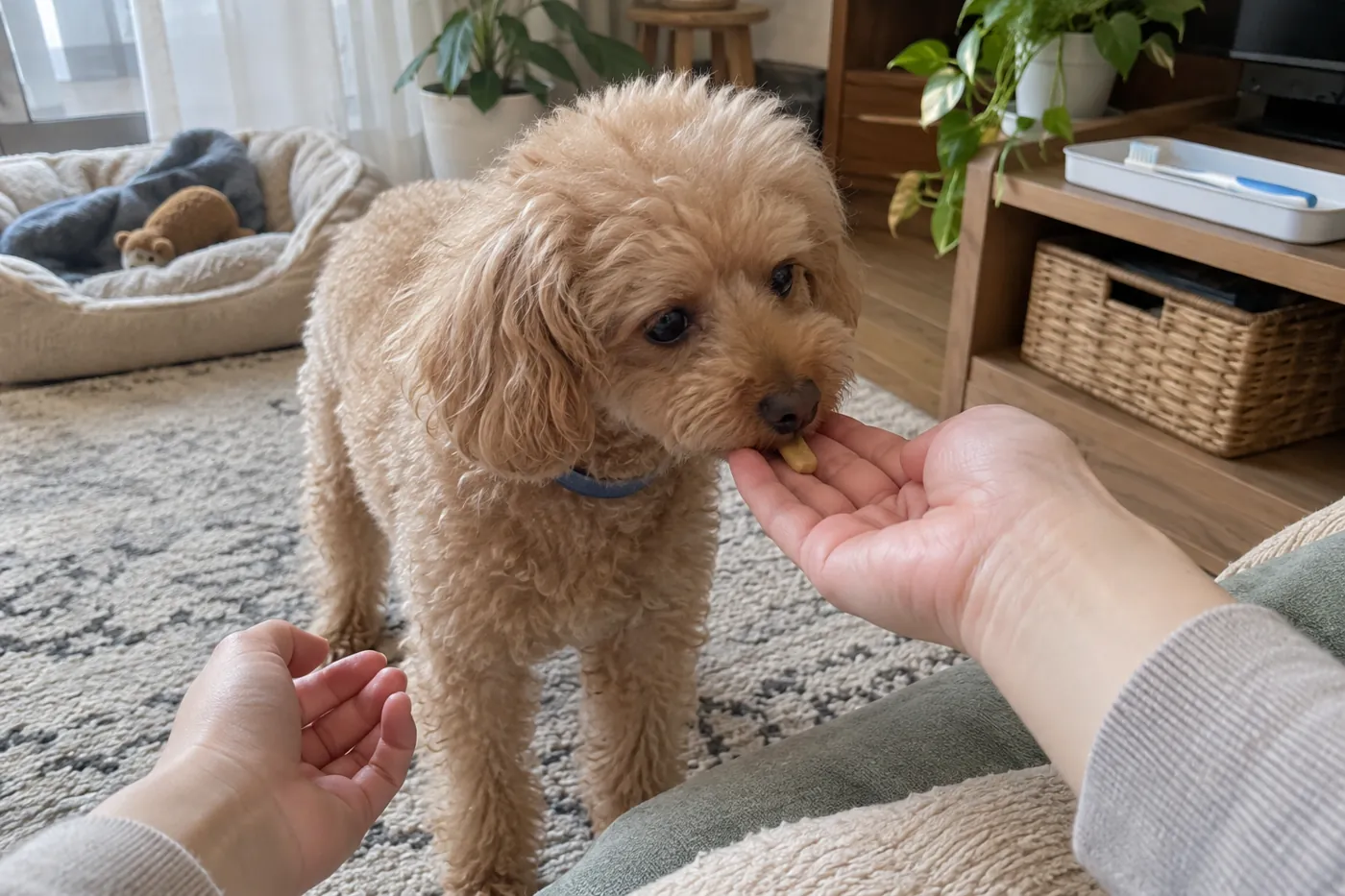 短いケアを終えた犬に飼い主が小さなごほうびを渡す様子