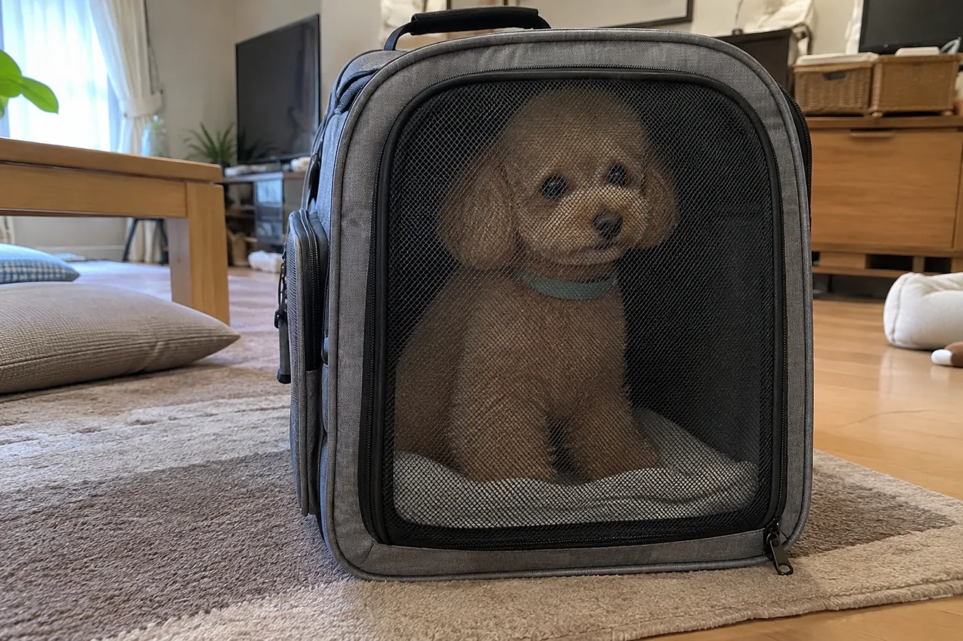自宅で閉じたペット用ケースの中に落ち着いて座る小型犬
