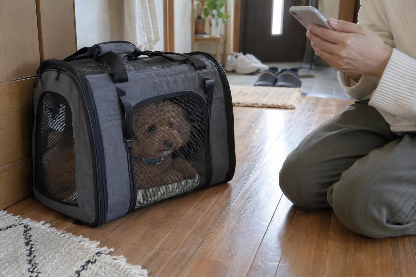 出発前にケースと犬の様子を確認しながらスマートフォンを見る飼い主の手元