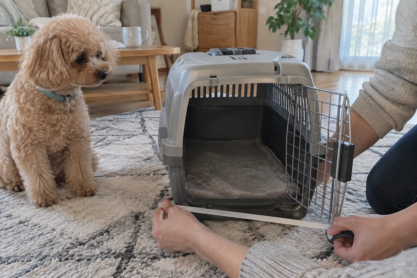自宅で犬用ケースの外側を採寸する飼い主の手元とそばで待つ小型犬