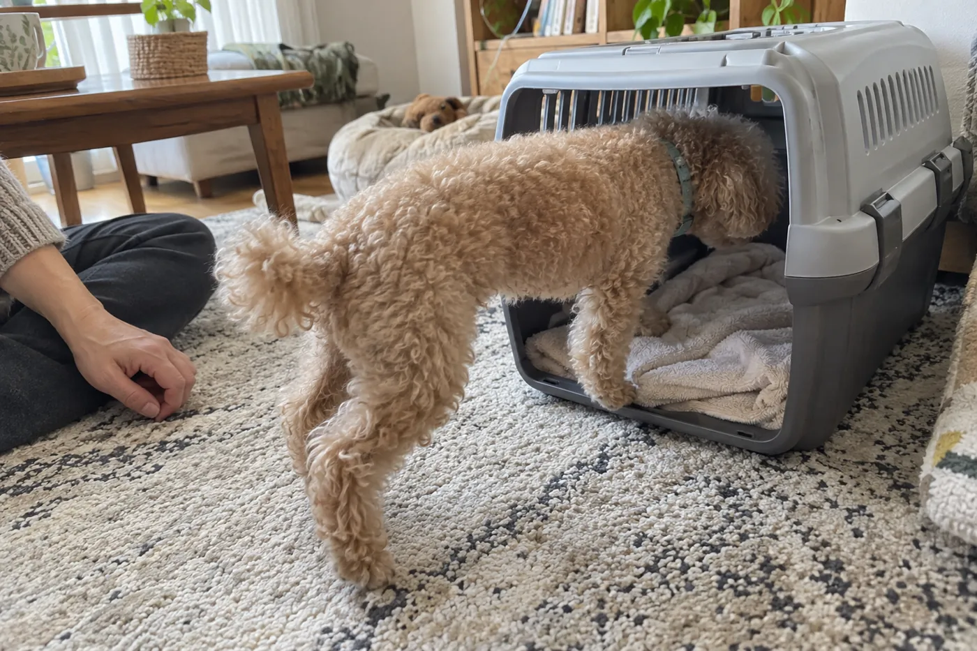 自宅で扉を開けた犬用ケースに自分から入ろうとする小型犬と見守る飼い主の手元