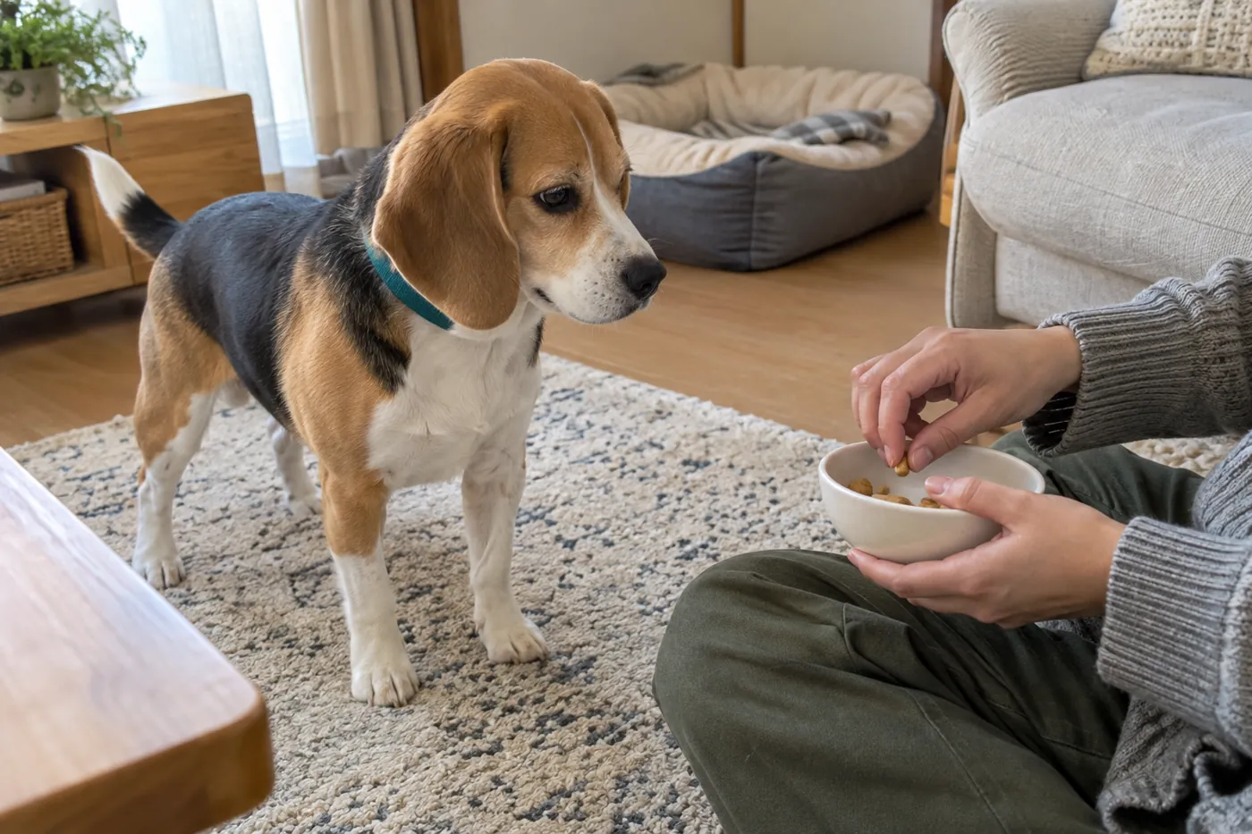 静かな室内でごほうびを準備する飼い主の手元と、そばで落ち着いている犬