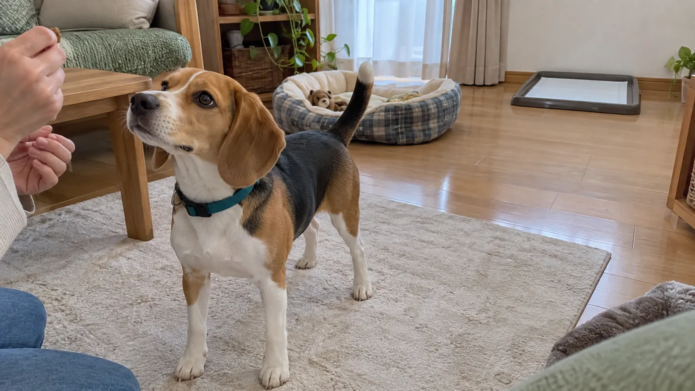 家庭の清潔なトイレトレーから離れた場所で、飼い主に顔を向ける犬