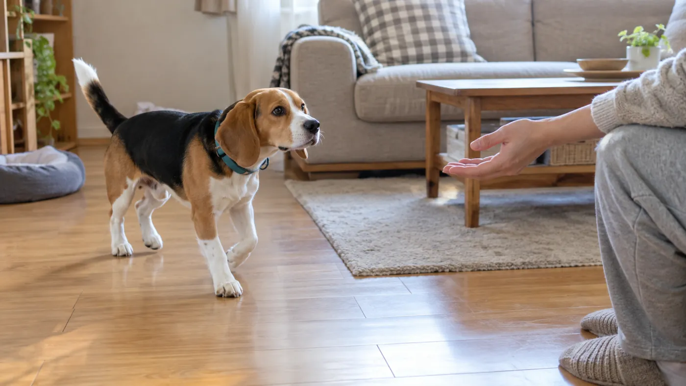 室内で少し離れた飼い主の手元へ、自分から歩いて近づく犬