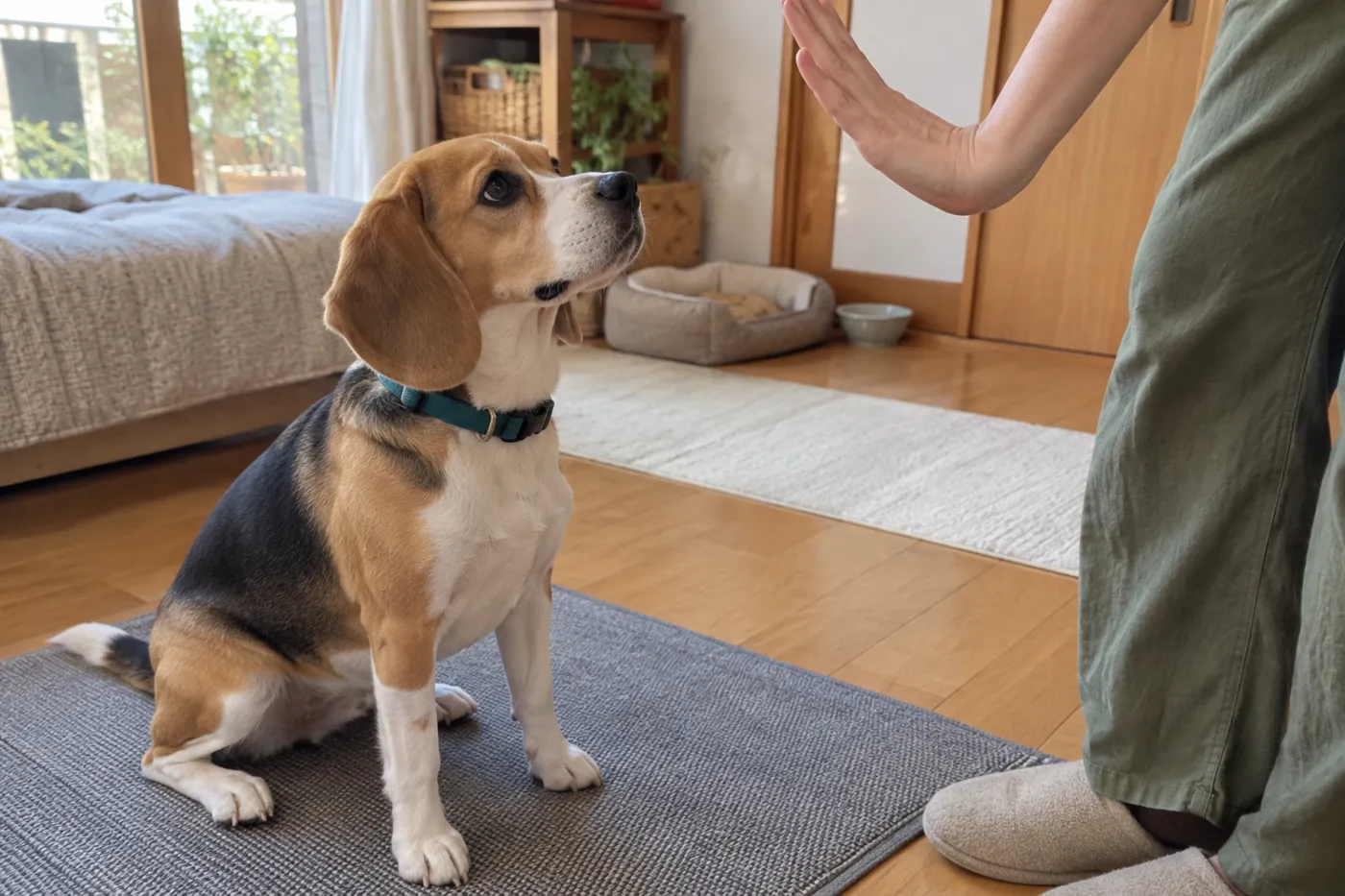 静かな部屋のマットでおすわりし、近くの飼い主を見ている犬