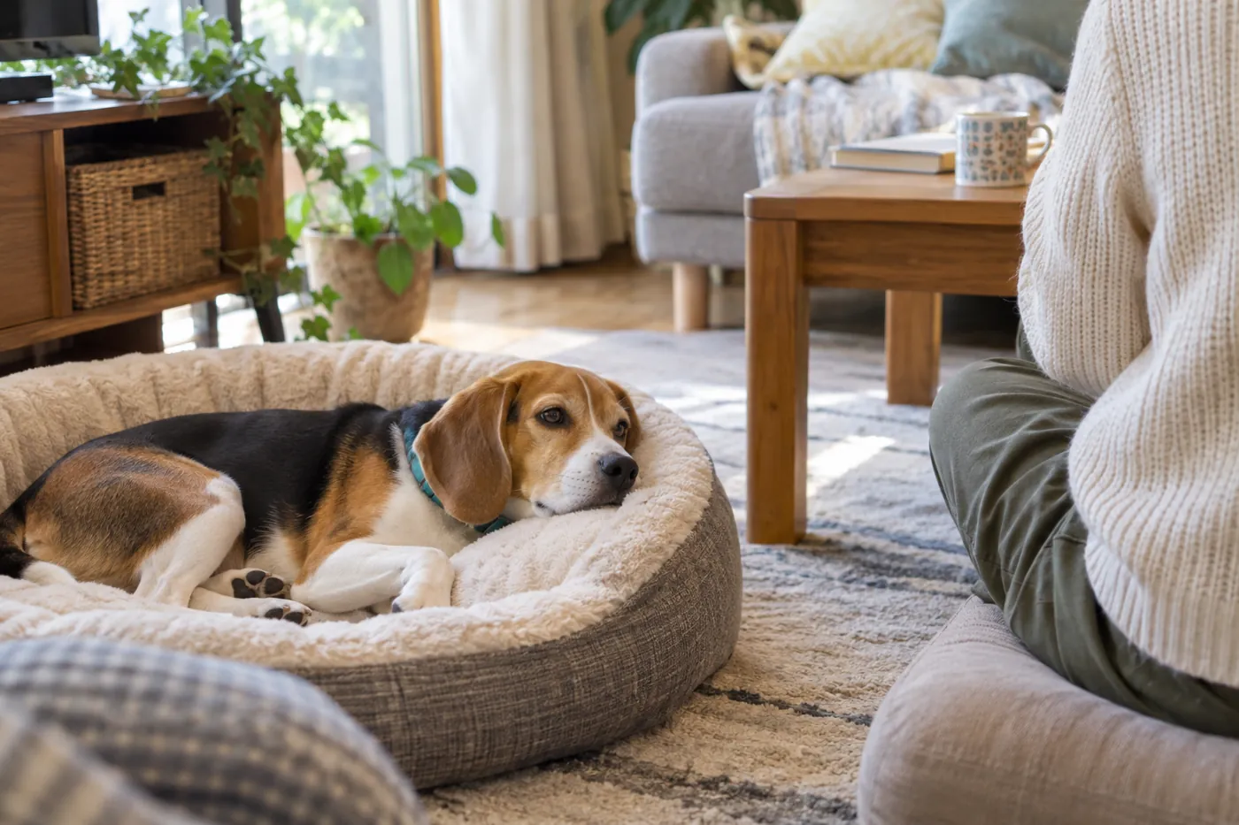 静かな部屋のベッドで休む犬と、少し離れて見守る飼い主の後ろ姿