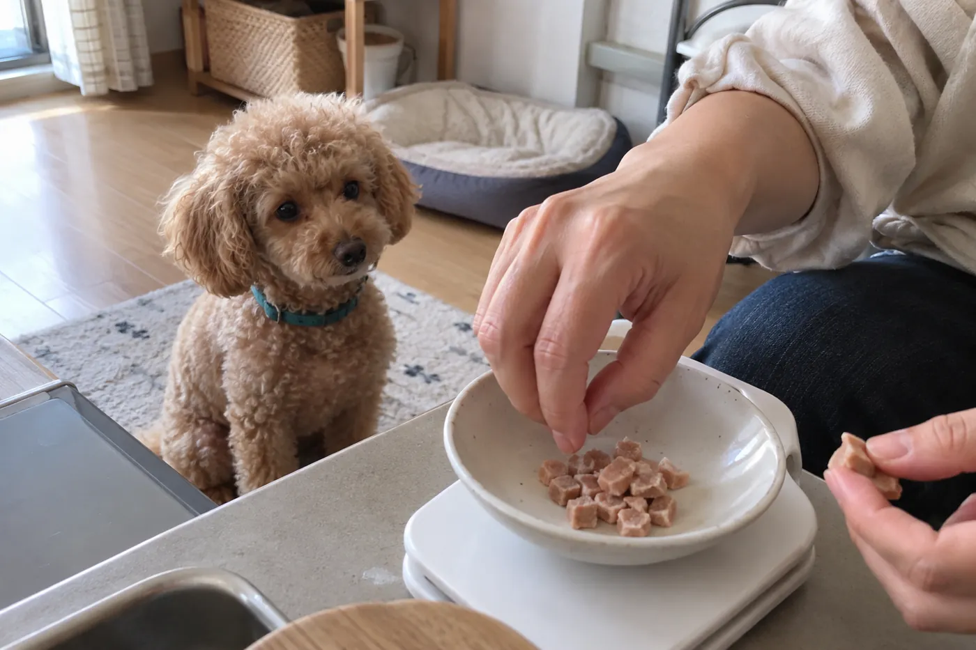 飼い主の手元で小皿に入れたおやつをキッチンスケールで量る様子