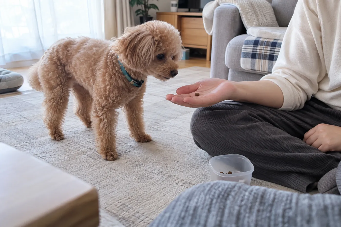 飼い主が手のひらに取り分けた主食を持ち、室内で犬と練習する様子