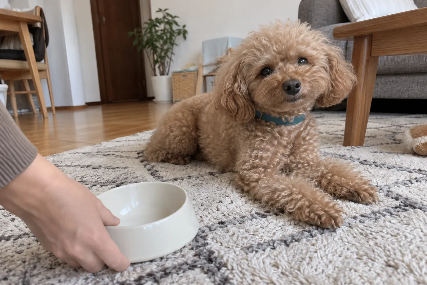 床でくつろぐトイプードルと、そばで食事用の器を片づける飼い主の手元