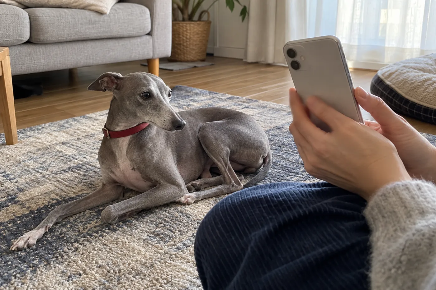 犬の近くでスマートフォンを持ち動物病院への連絡を準備する飼い主の手元