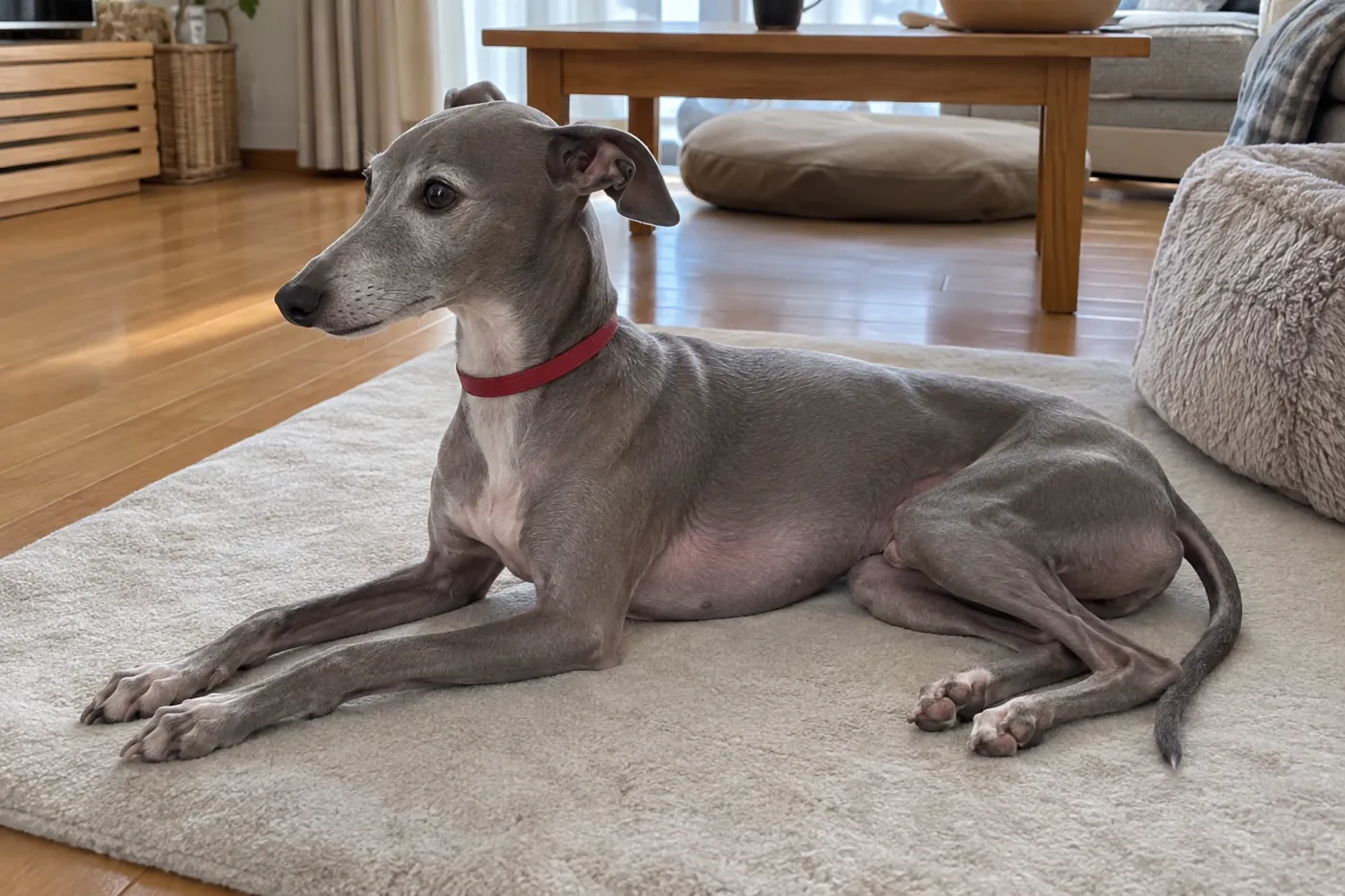 自然に休む犬の胸とお腹の動きを横から見守れる室内の様子