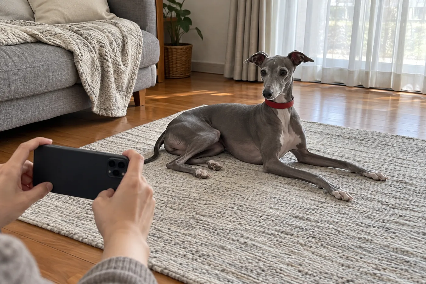横になった犬を少し離れた位置からスマートフォンで記録する手元