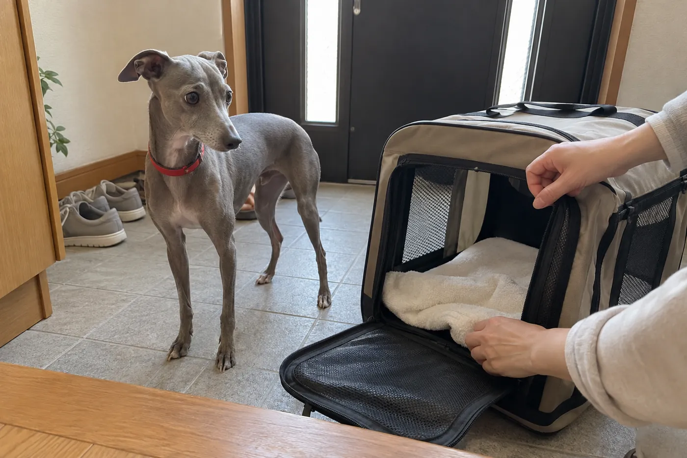 開いたキャリーのそばで犬を見守り通院の準備をする飼い主の手元