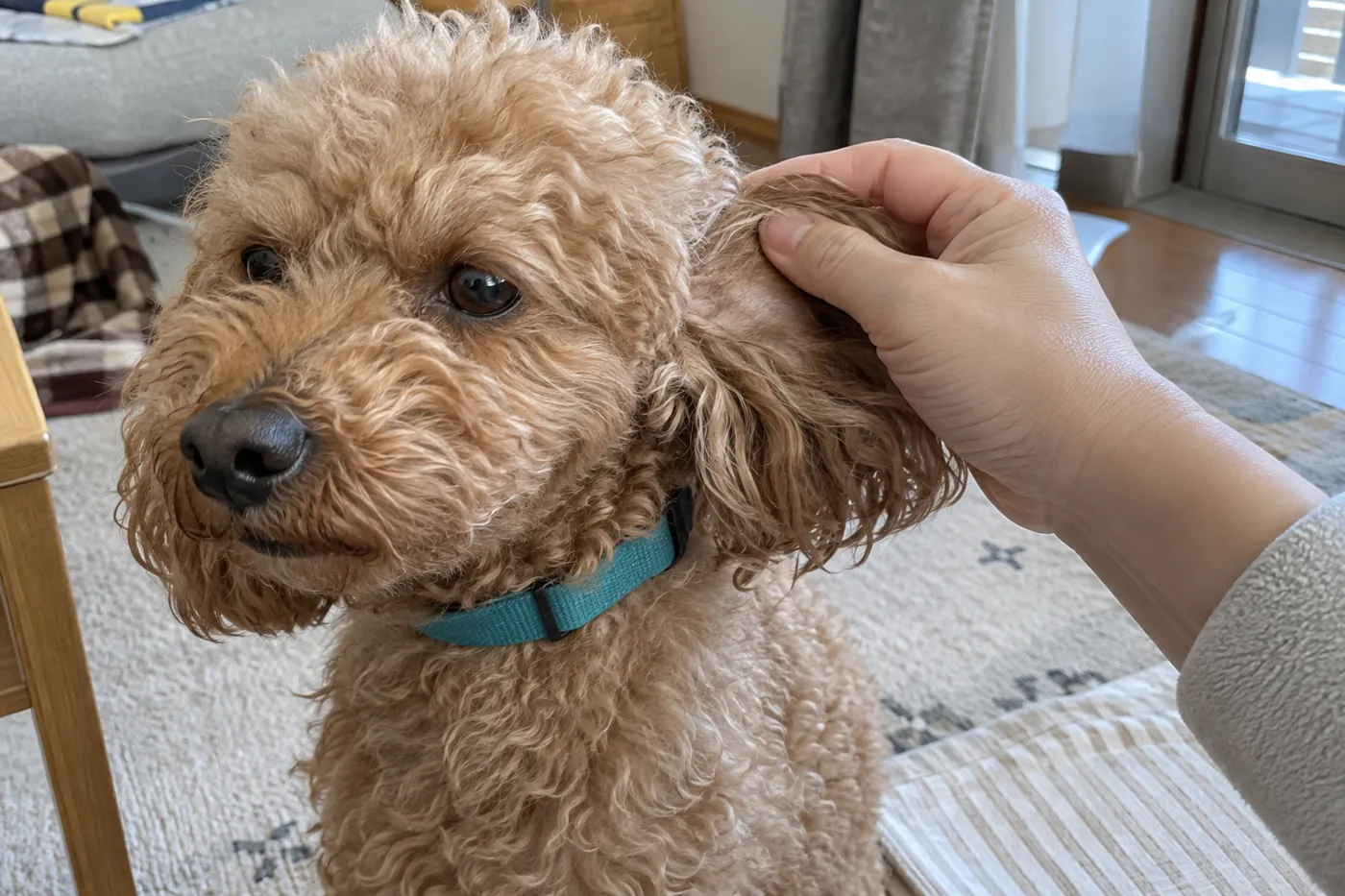 飼い主の手がトイプードルの耳の後ろの毛をそっと確認する様子
