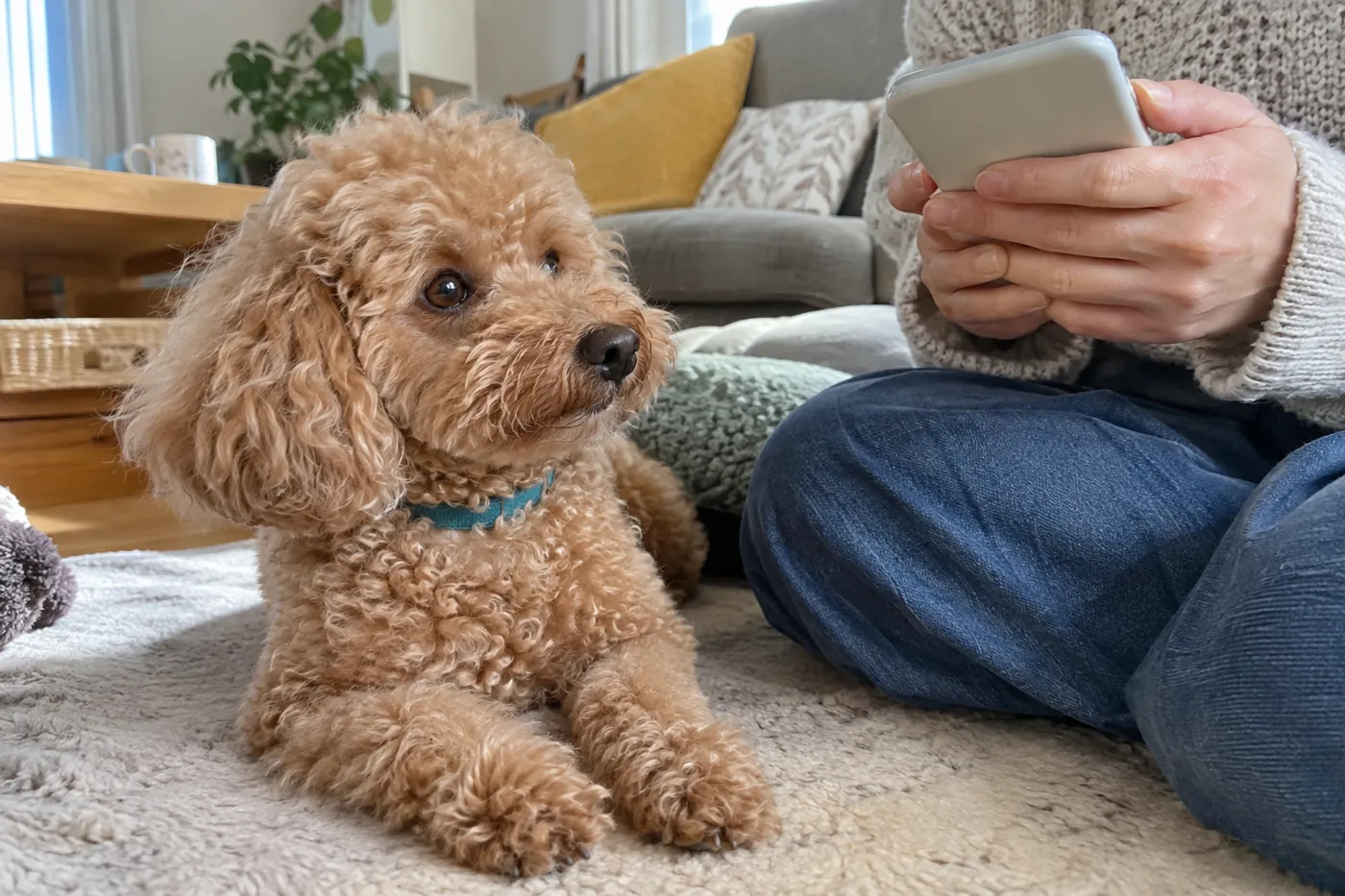 トイプードルのそばで飼い主がスマートフォンに相談内容をまとめる手元