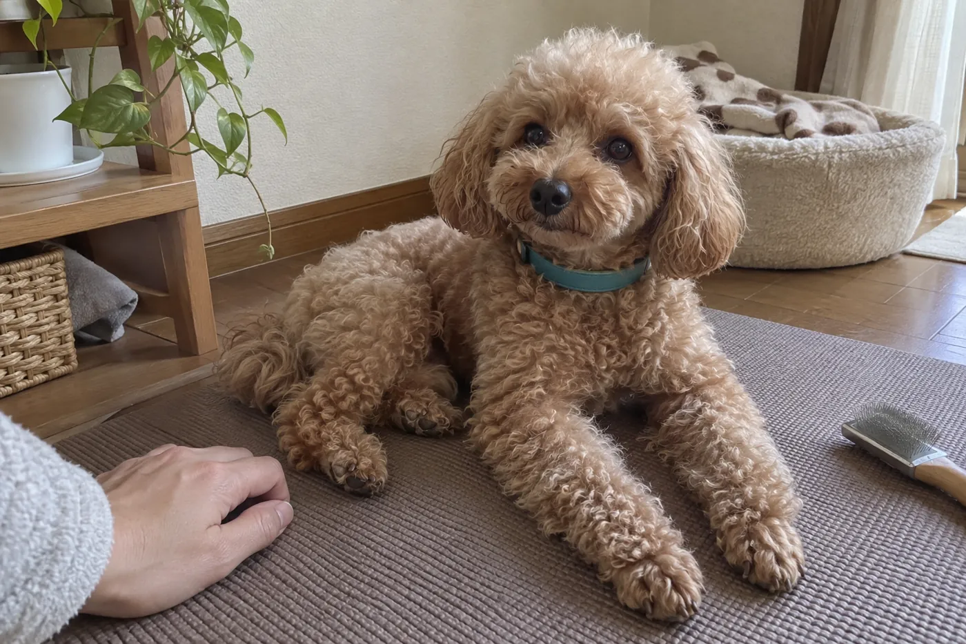 自宅のマットで休むトイプードルとそばに置かれた飼い主の手